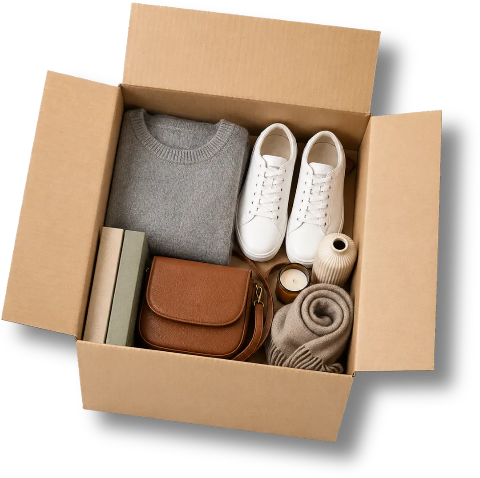 Una scatola Stoora con dentro vestiti, scarpe, libri e accessori